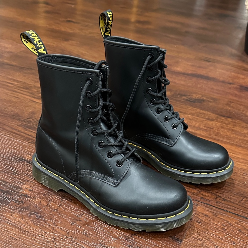 Dr. Martens Black Vegan Leather 1460 Boots with Yellow Stitching